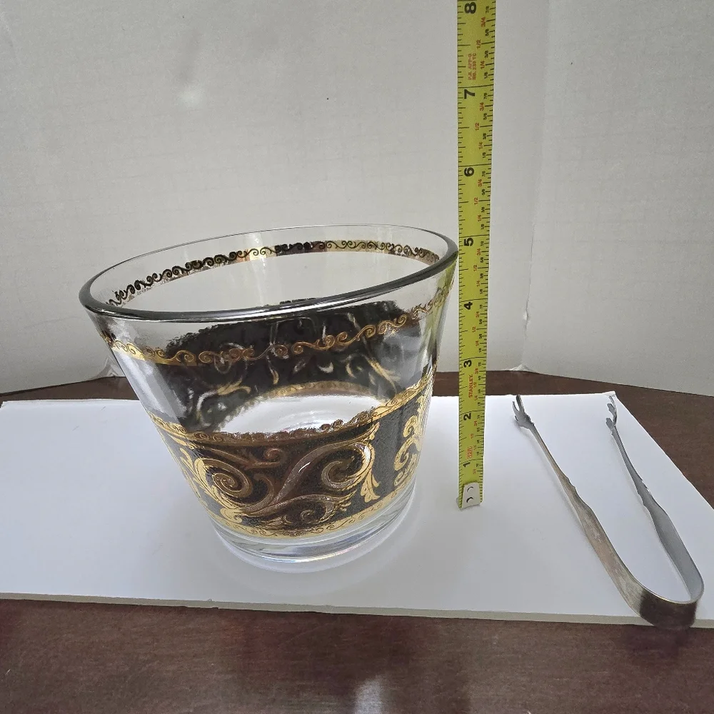 MCM Vintage Culver Ebony Gold Baroque Glass Ice Bucket W/Tongs 4 7/8